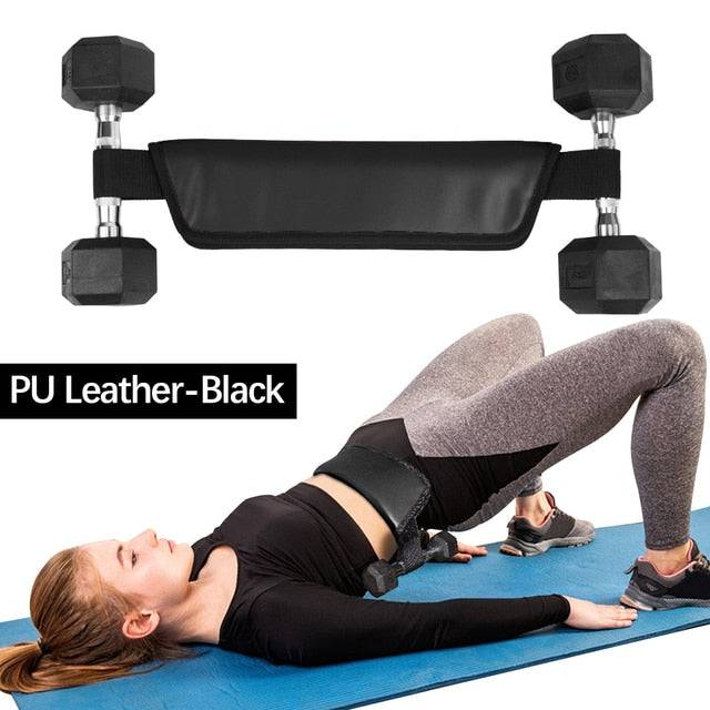 A woman performing a glute bridge with the Hip Thrust Belt Glute Bridge Pad in black, emphasizing comfortable and effective exercise for fitness enthusiasts.