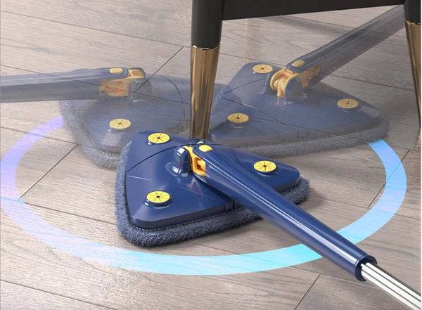 Self-Squeeze Triangular Mop easily maneuvering around a chair leg, demonstrating its ability to clean in hard-to-reach areas. Mop, Self-Squeeze, Triangular.