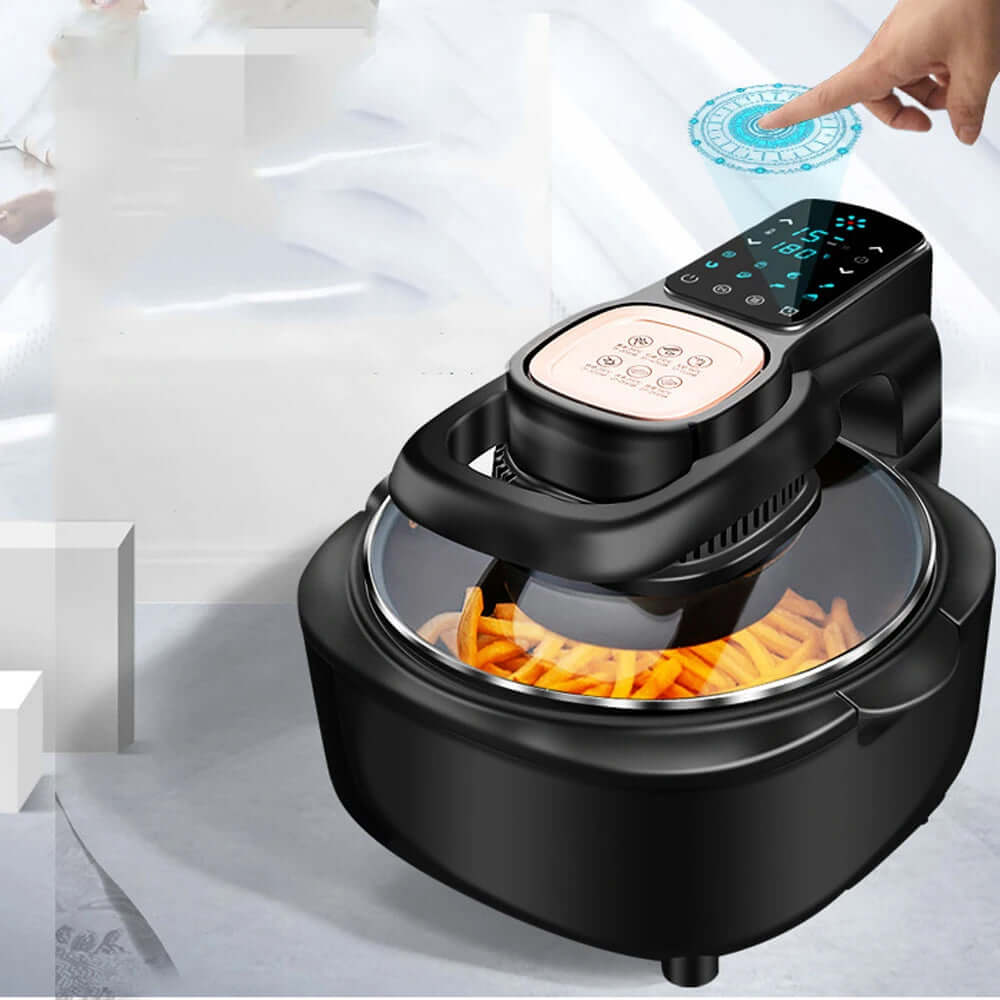 Best Air Fryer with Safety Features - fully automatic air fryer with a sleek design and touch control panel, showcasing crispy fries cooking inside.