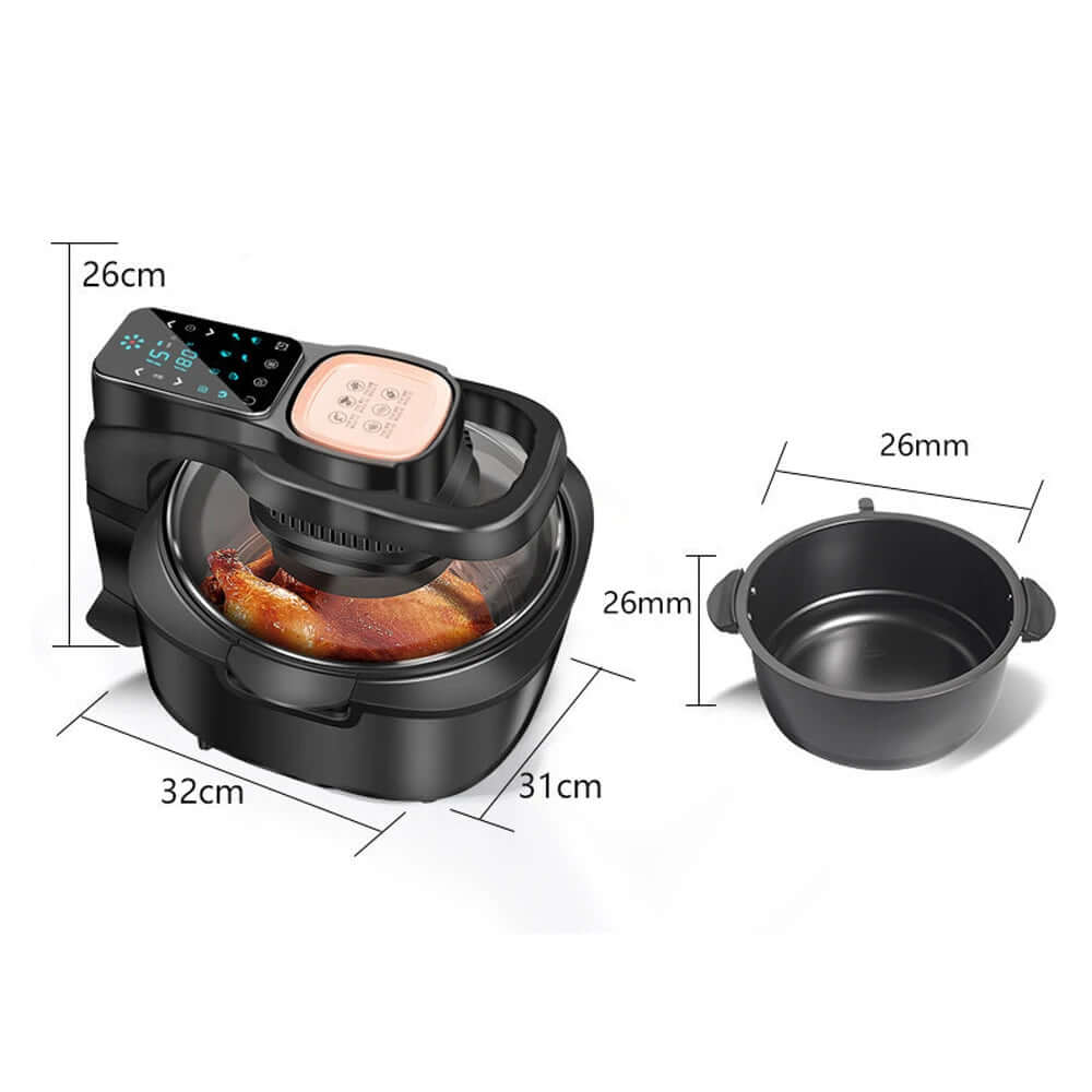 Best Air Fryer with Safety Features - fully automatic air fryer highlighting dimensions and removable parts, emphasizing its functional design for easy cooking.