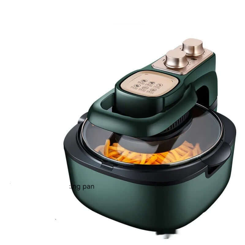 Best Air Fryer with Safety Features - fully automatic air fryer in a stylish green finish, featuring temperature and time knobs, with fries visible in the basket.