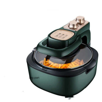 Best Air Fryer with Safety Features - fully automatic air fryer in a stylish green finish, featuring temperature and time knobs, with fries visible in the basket.