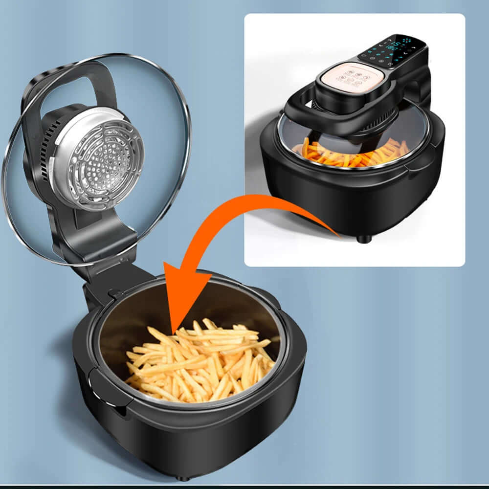 Best Air Fryer with Safety Features - fully automatic air fryer demonstrating its removable basket, showing perfectly cooked fries inside.