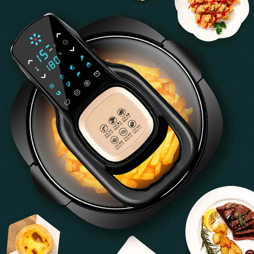 Best Air Fryer with Safety Features - fully automatic air fryer displaying the control panel above a bowl of crispy fries, surrounded by gourmet dishes.