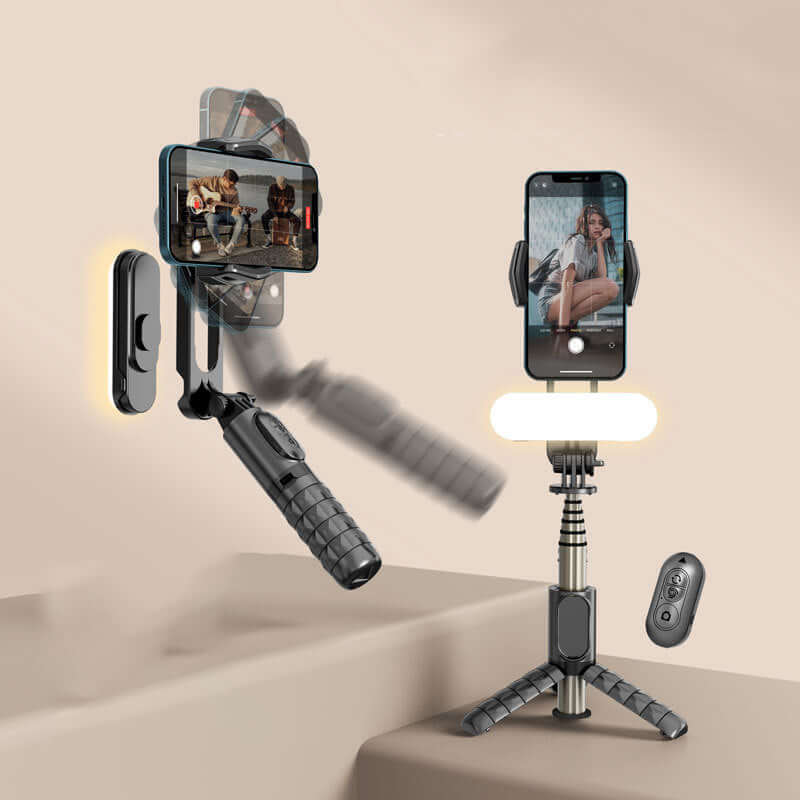 Bluetooth selfie stick tripod with remote by CozyTech Living showing foldable handle and phone holder in use