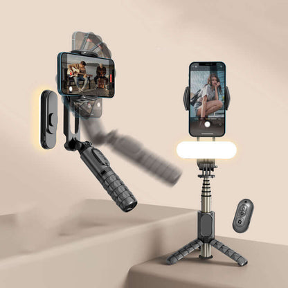 Bluetooth selfie stick tripod with remote by CozyTech Living showing foldable handle and phone holder in use