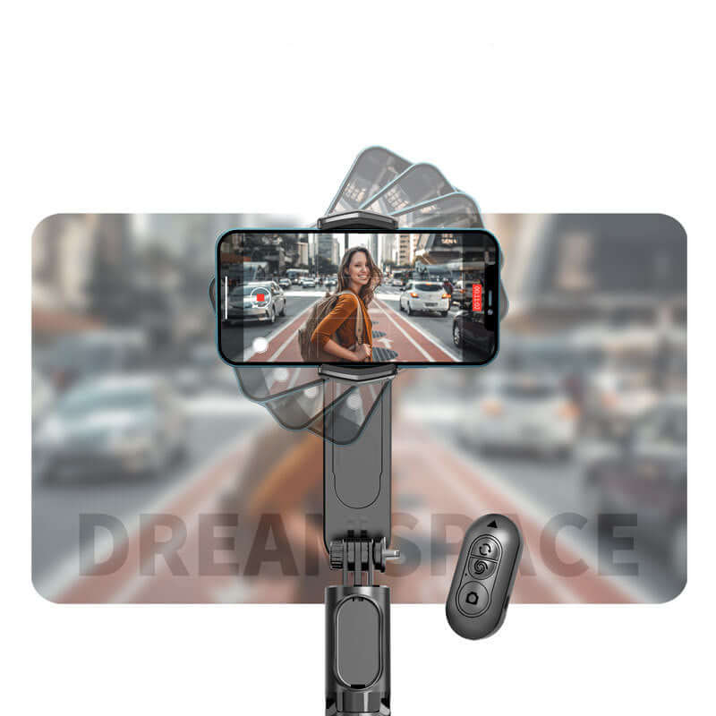 CozyTech Living Bluetooth selfie stick tripod with remote holding a smartphone capturing a city street selfie