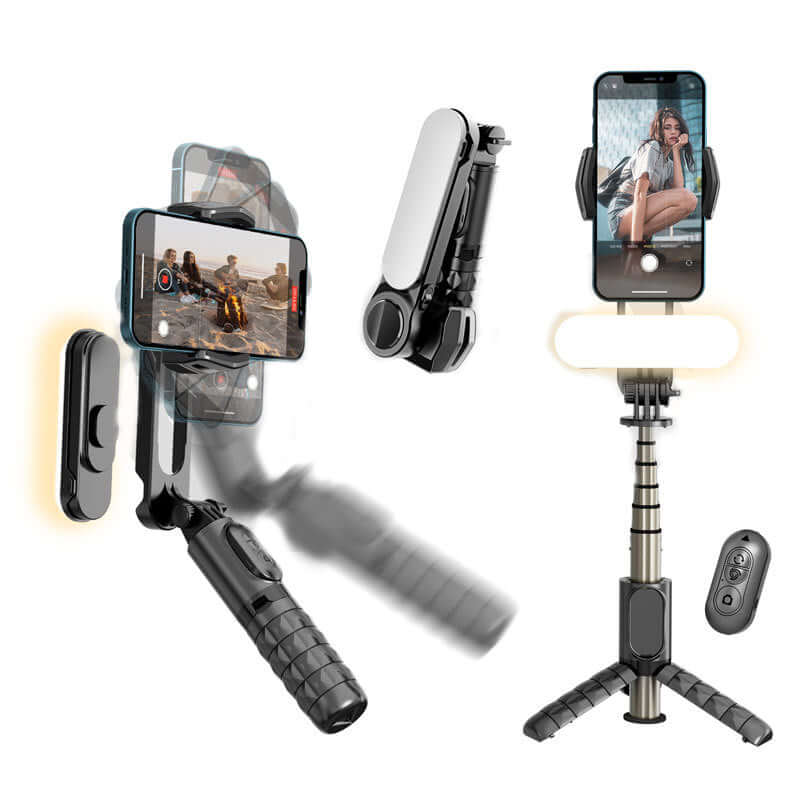 CozyTech Living Bluetooth selfie stick tripod with remote shown in folded and extended positions with attached smartphone