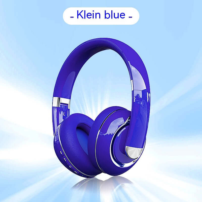 Klein blue Bluetooth headphones with microphone featuring cushioned ear pads and adjustable headband