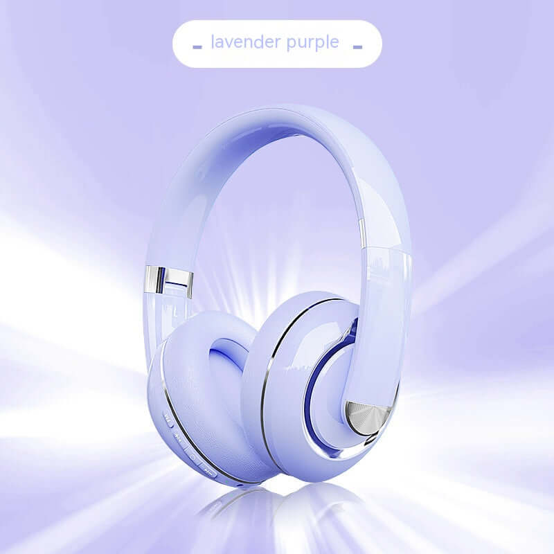Lavender purple Bluetooth headphones with microphone featuring cushioned ear cups and sleek design