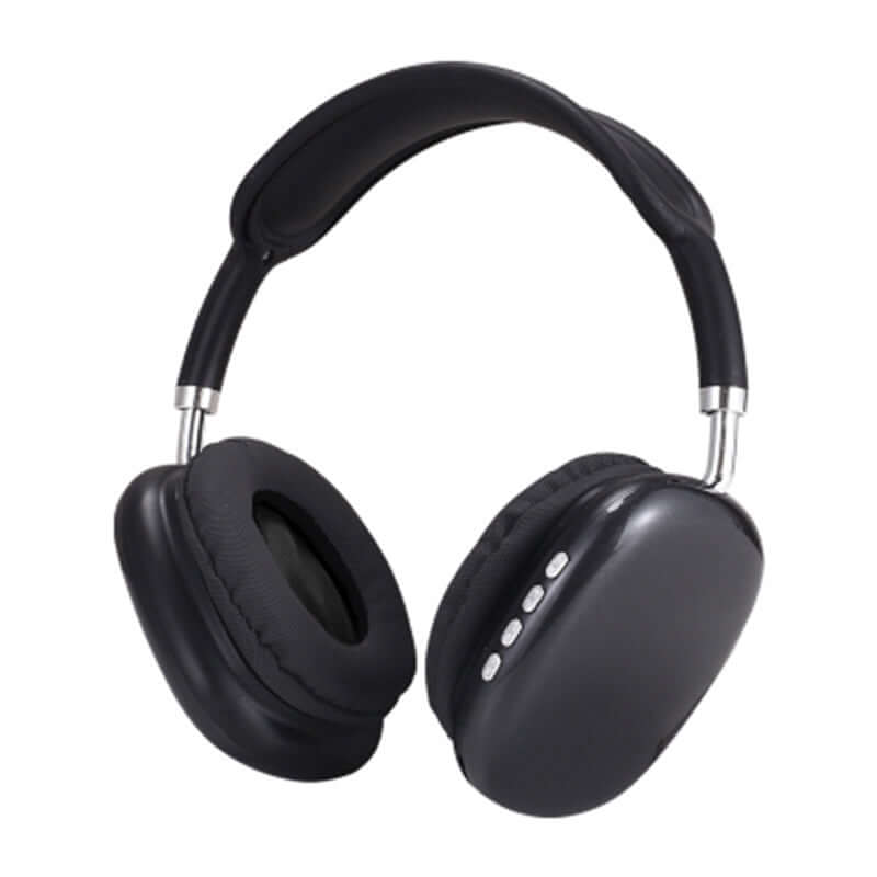 Black Bluetooth headset for gaming and sports with cushioned ear cups and adjustable headband