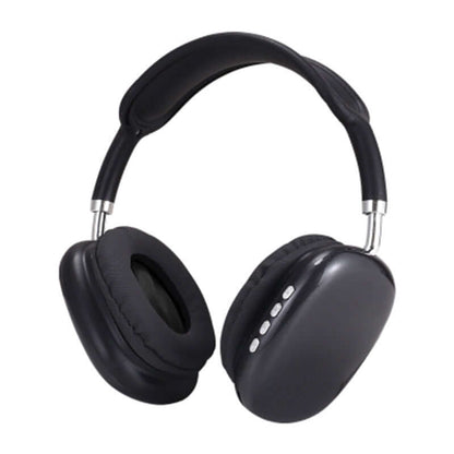 Black Bluetooth headset for gaming and sports with cushioned ear cups and adjustable headband