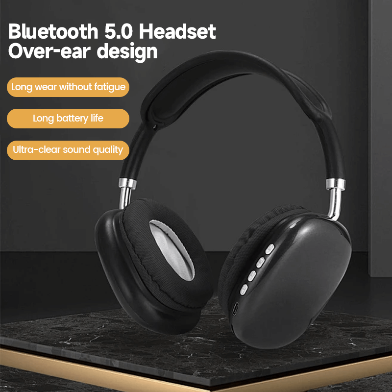 Black Bluetooth headset for gaming and sports with over-ear design and long battery life