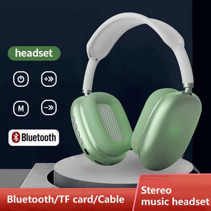 Green and white Bluetooth headset for gaming and sports with stereo sound and multiple control buttons