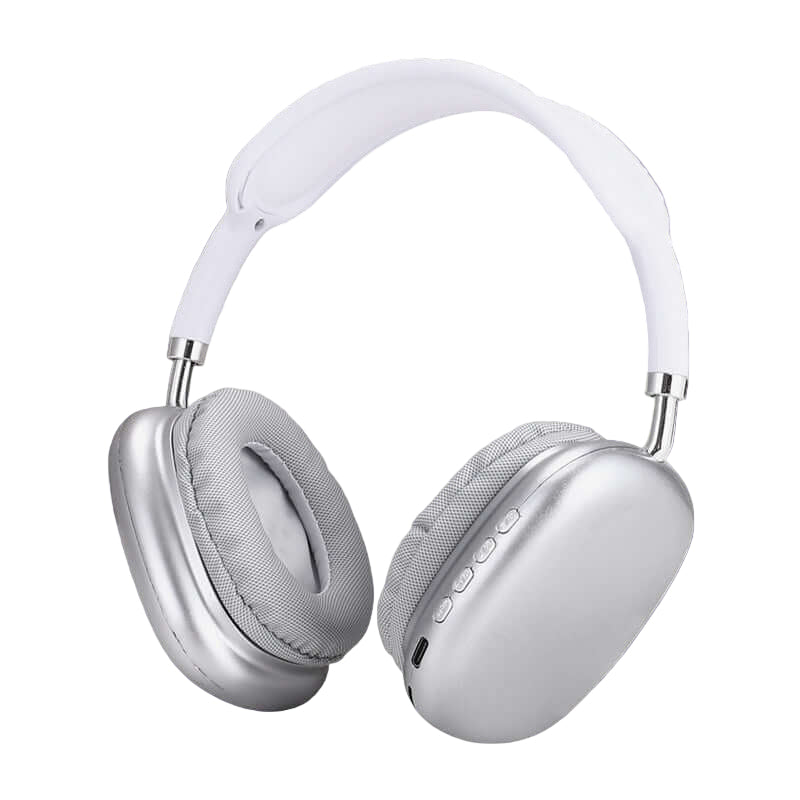 Silver and white Bluetooth headset for gaming and sports with cushioned ear pads and control buttons