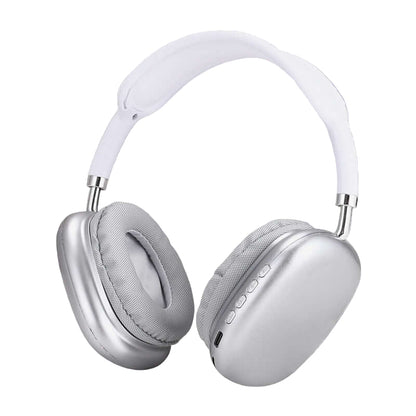 Silver and white Bluetooth headset for gaming and sports with cushioned ear pads and control buttons