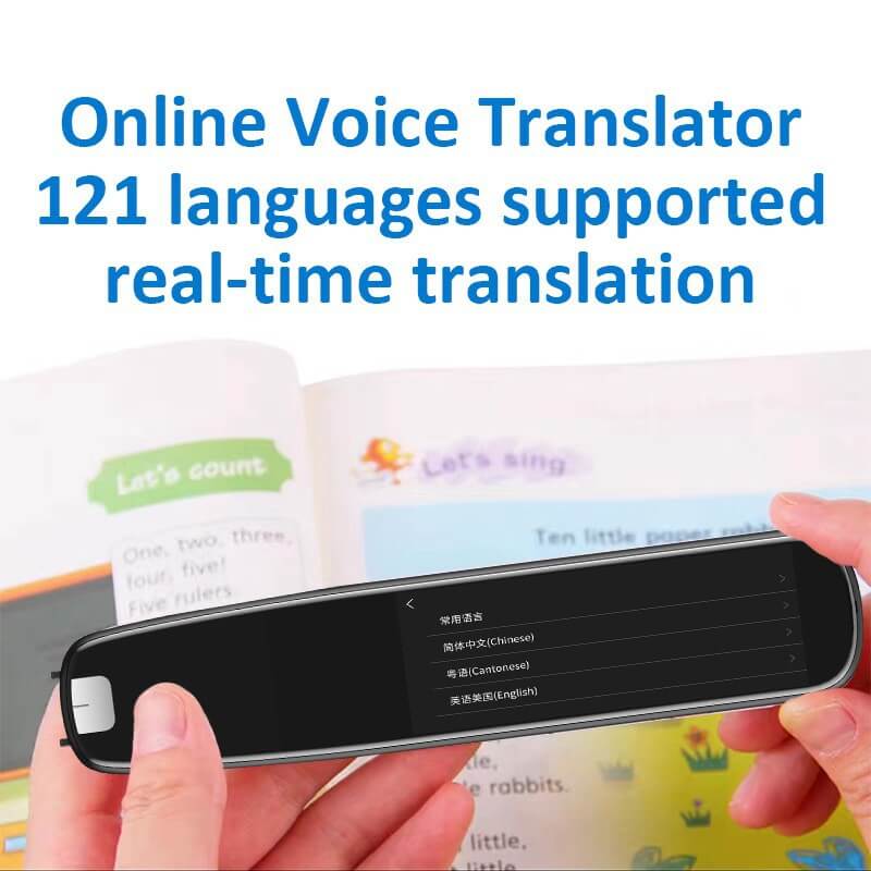 A close-up view of the Dropshipman Offline Dictionary Pen providing real-time translations in 121 languages, enhancing language learning.