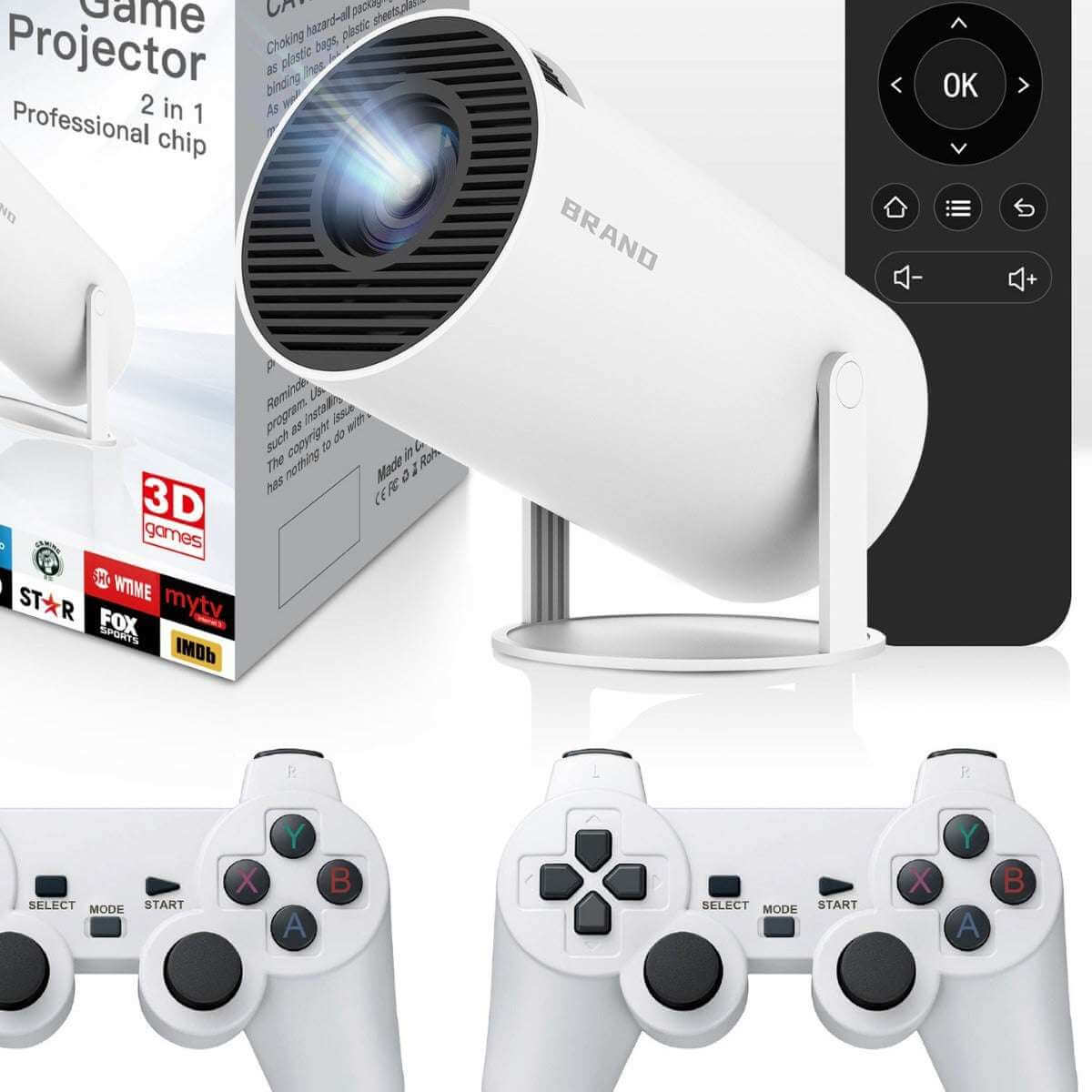 eprolo portable 4K projector for gaming with white game controllers and remote control