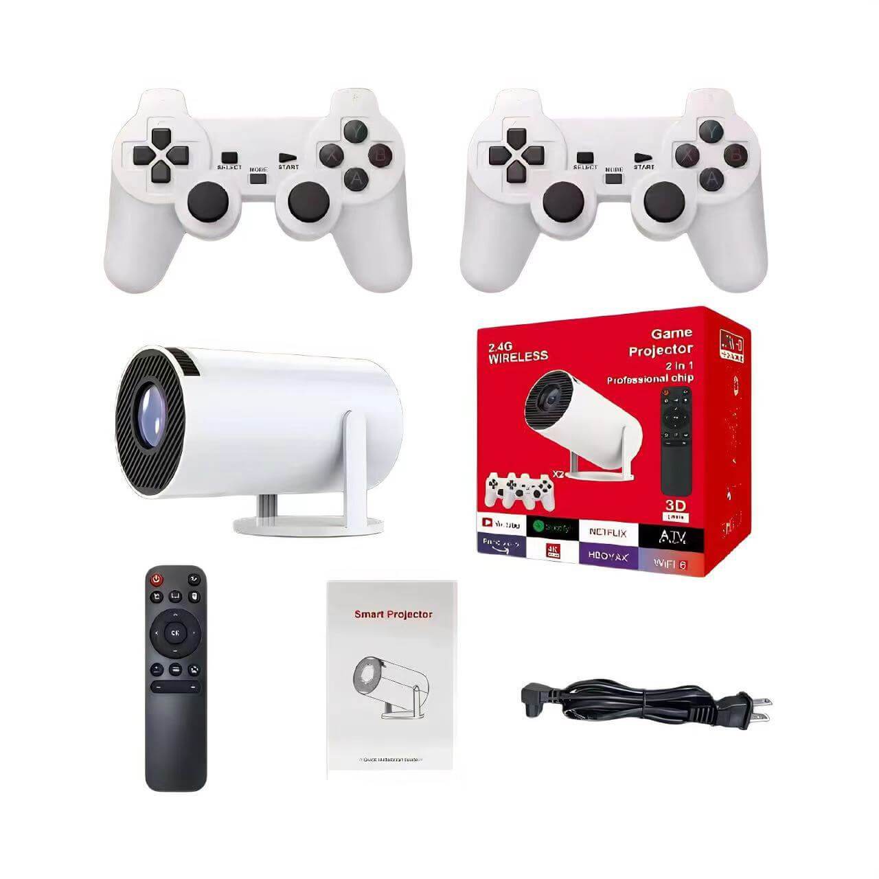 eprolo portable 4K projector for gaming with dual white controllers remote power cable and user manual