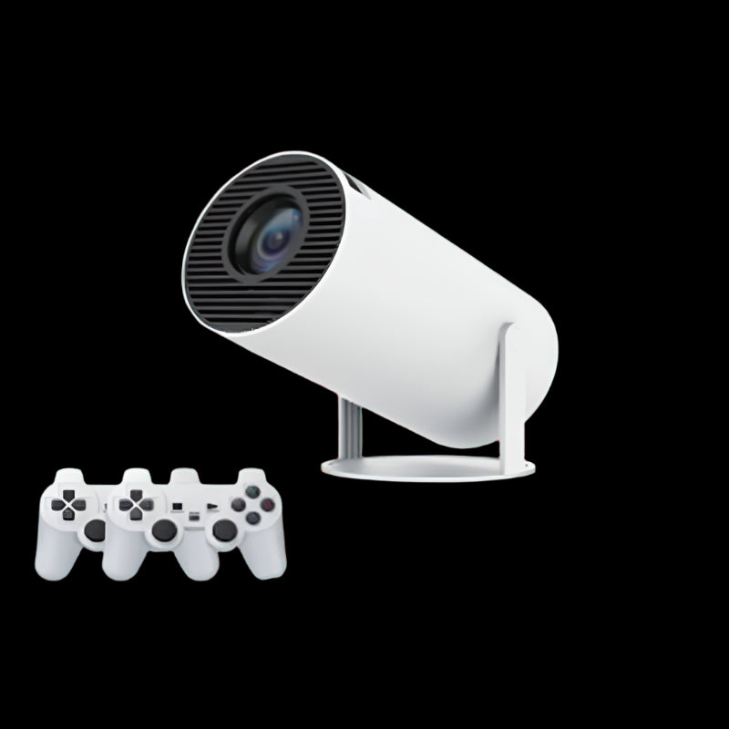 Eprolo portable 4K projector for gaming with two white game controllers and black remote control on red background