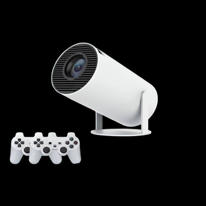 Eprolo portable 4K projector for gaming with two white game controllers and black remote control on red background