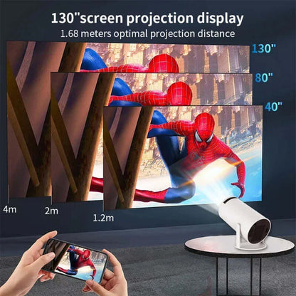 Eprolo portable android smart projector displaying a 130 inch screen projection with a Spider-Man image from a smartphone