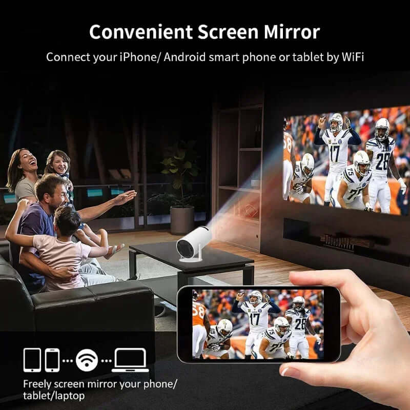 eprolo portable android smart projector displaying football game with family enjoying screen mirroring from smartphone