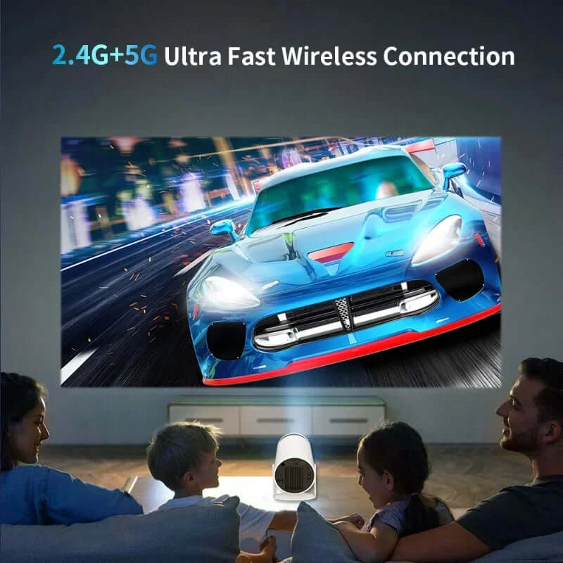 Family watching a racing game projected on the wall using a portable android smart projector with ultra fast wireless connection