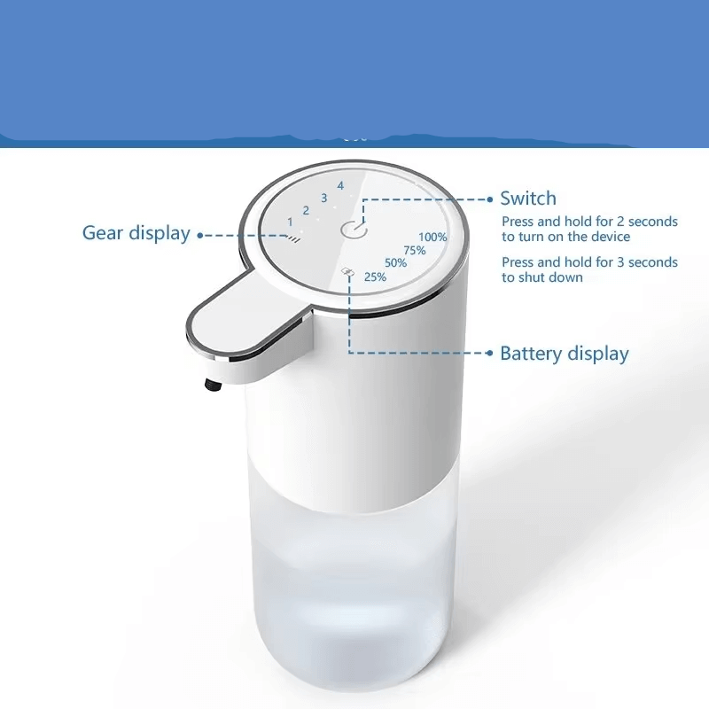 Touchless soap dispenser with larger display screen showing gear and battery level indicators