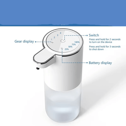 Touchless soap dispenser with larger display screen showing gear and battery level indicators