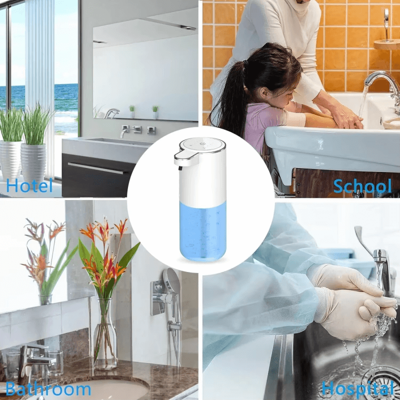 Dropshipman touchless soap dispenser shown for hotel, school, bathroom, and hospital use with white and blue design