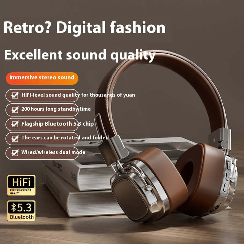 Dropshipman 40mm driver bluetooth headset with brown ear cushions and retro digital fashion design