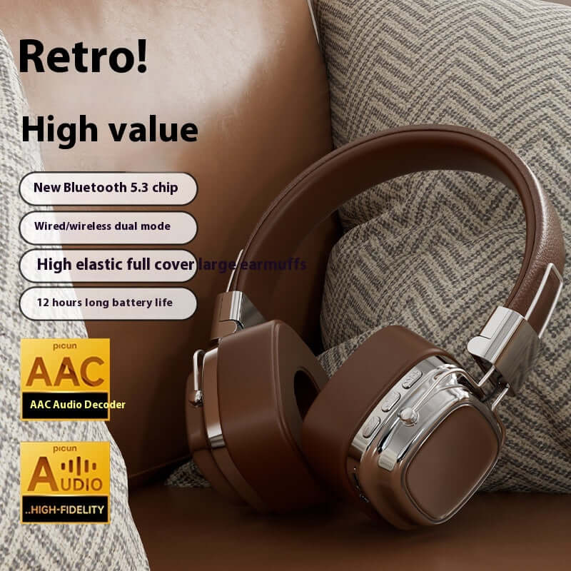 Retro style 40mm driver bluetooth headset in brown with high elastic full cover and wireless dual mode