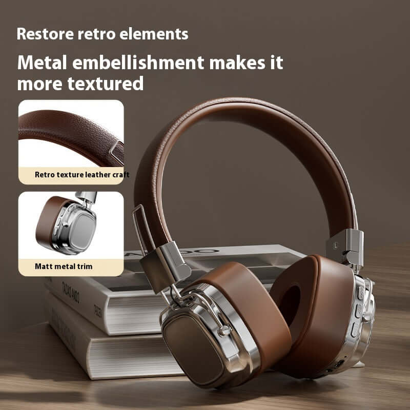 Brown 40mm driver bluetooth headset with retro leather texture and metal embellishment on wooden table