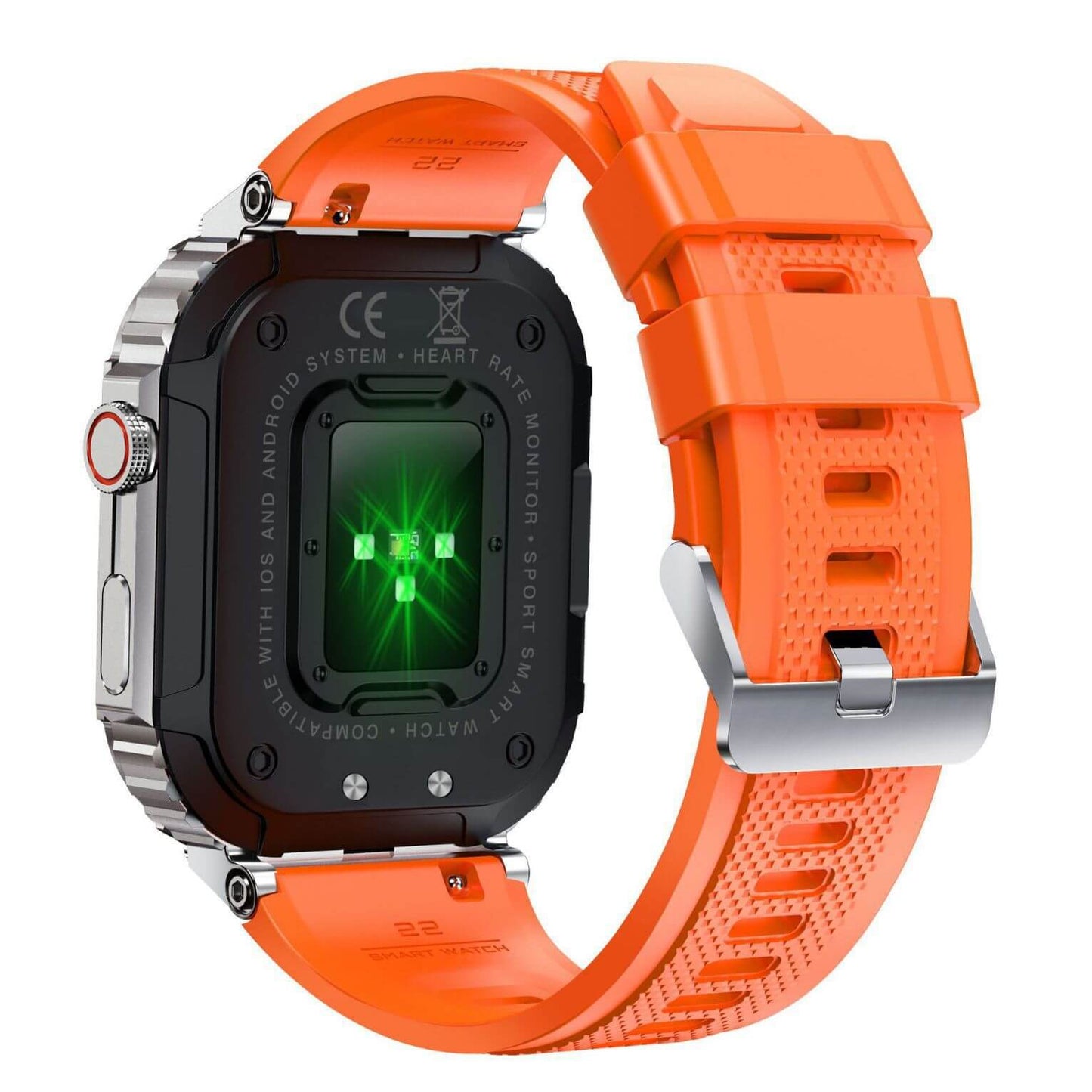 Back view of business professional smartwatch with orange silicone band and heart rate monitor