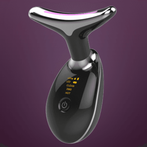 The Pure Aura Micro Glow Massager featured against a subtle gray background, focusing on its modern design and advanced skincare technology. This device belongs to the lumiglow, lumiglow pro family.