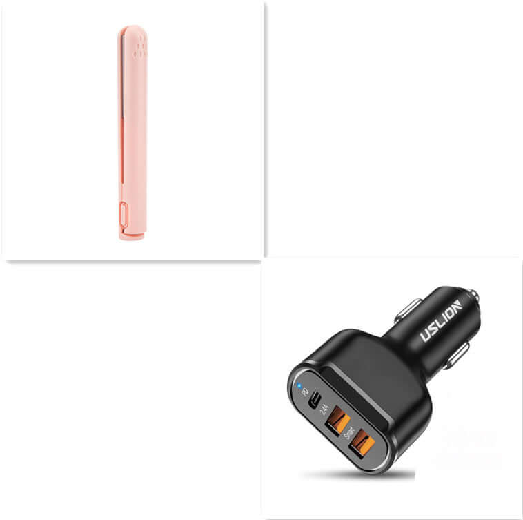 USB Portable Wireless Hair Straightener in pink color displayed with a car charger, demonstrating the convenience of this portable hair straightener for travel.
