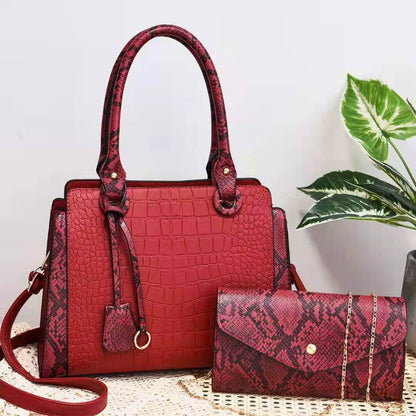 Stylish Serpentine Stitching Crossbody Bag - Fashionable Combination of Style and Function, showcasing a red crocodile-textured handbag with a coordinating snakeskin wallet, perfect for a fashionable daily bag.