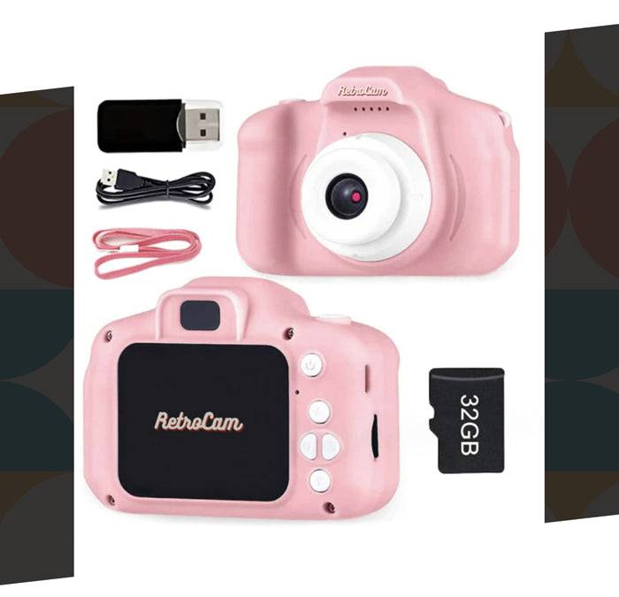 Complete set of the Mini Retro Camera in pink with accessories, including USB and memory card, perfect for anyone looking to dive into retro photography.