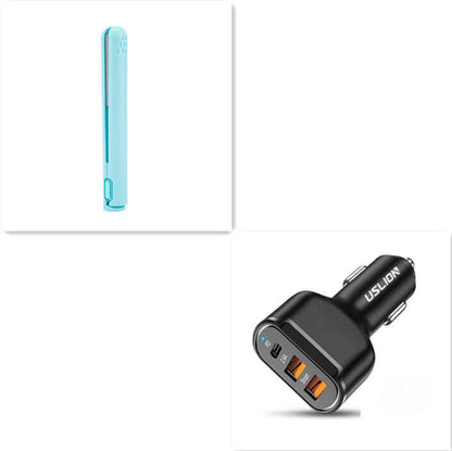 USB Portable Wireless Hair Straightener in blue color alongside a car charger, showcasing the portable hair straightener's compatibility for on-the-go styling.