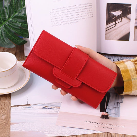 Women's Long Wallet Tri-fold Clutch in bright red color, showcasing a large capacity design, ideal for everyday use.