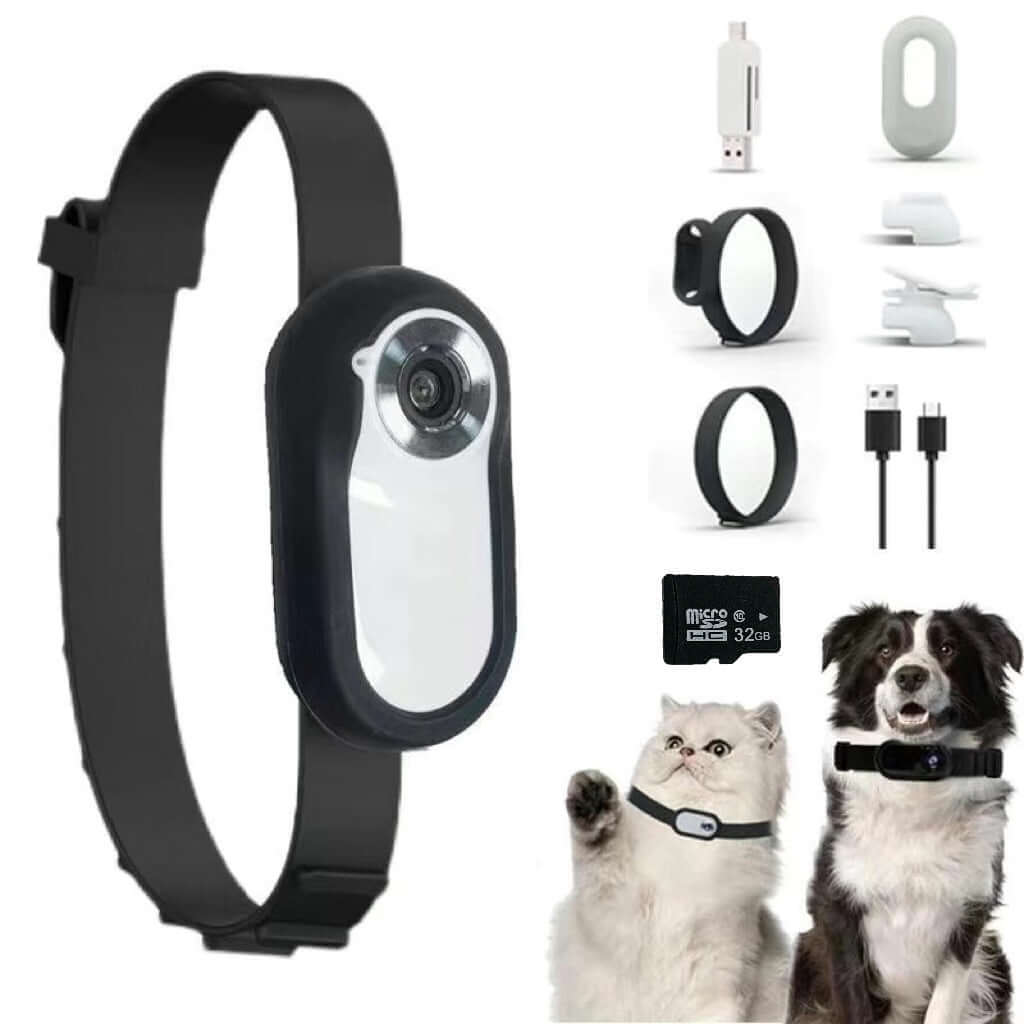 White eprolo Compact Pet Action Camera with Adjustable Strap alongside essential accessories, perfect for capturing adventures of both cats and dogs with this outdoor pet camera.