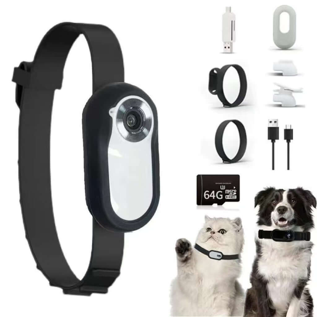 eprolo Compact Pet Action Camera with Adjustable Strap in black, featuring practical attachments for recording cat and dog activities with this outdoor pet camera.
