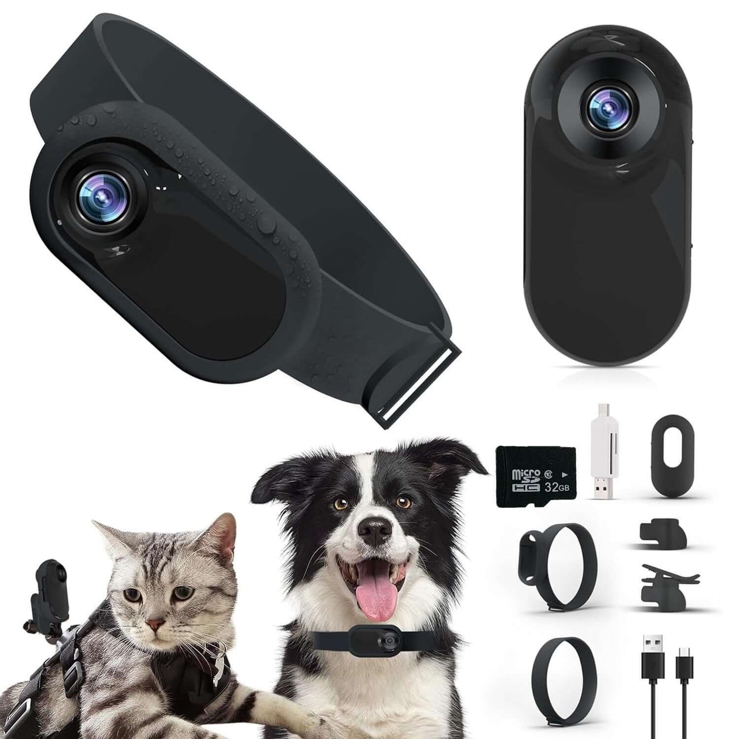 eprolo Compact Pet Action Camera with Adjustable Strap displayed with various accessories, offering high-resolution pet videos for cat and dog owners using this outdoor pet camera.