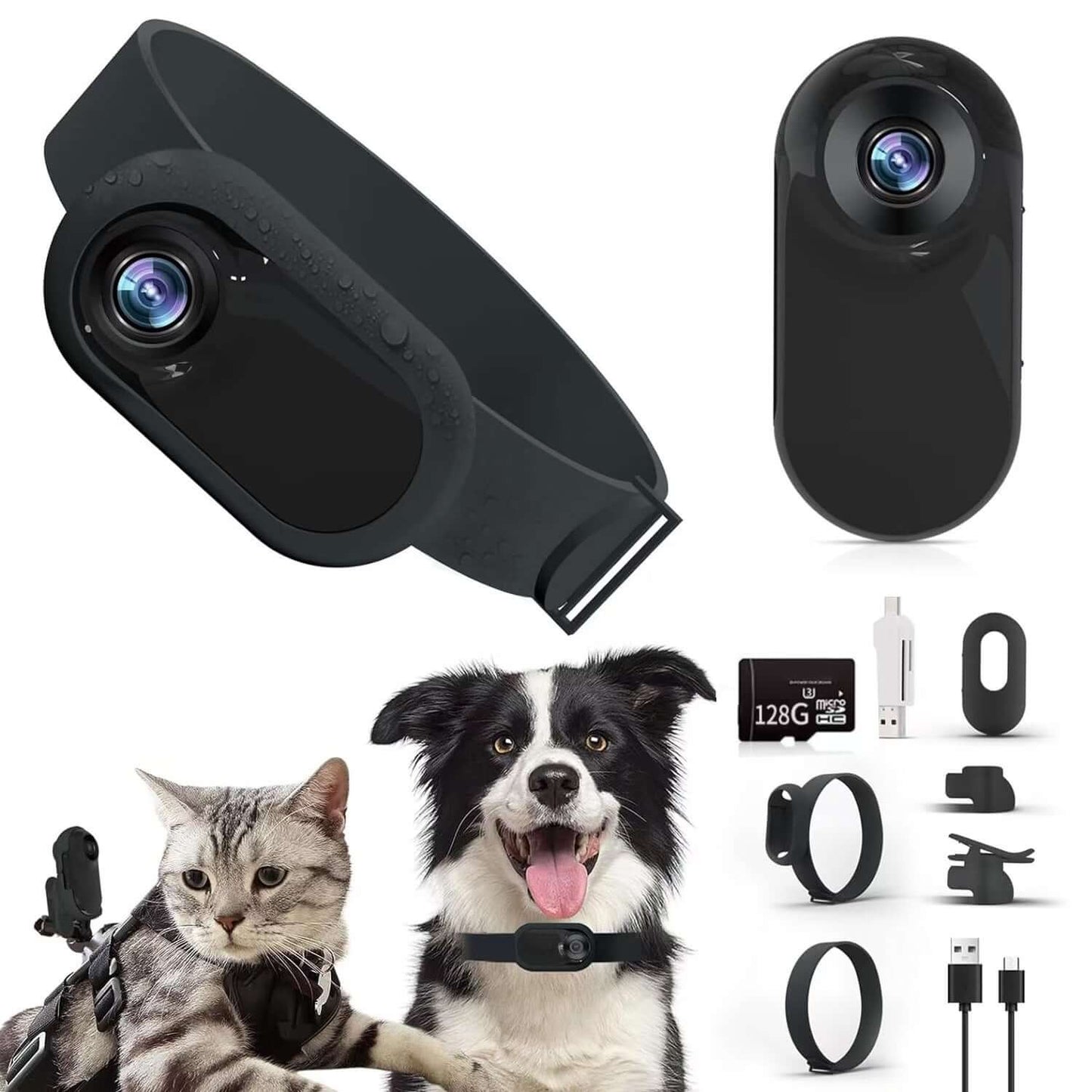 Complete setup of the eprolo Compact Pet Action Camera with Adjustable Strap, tailored for documenting the adventures of active cats and dogs with this outdoor pet camera.