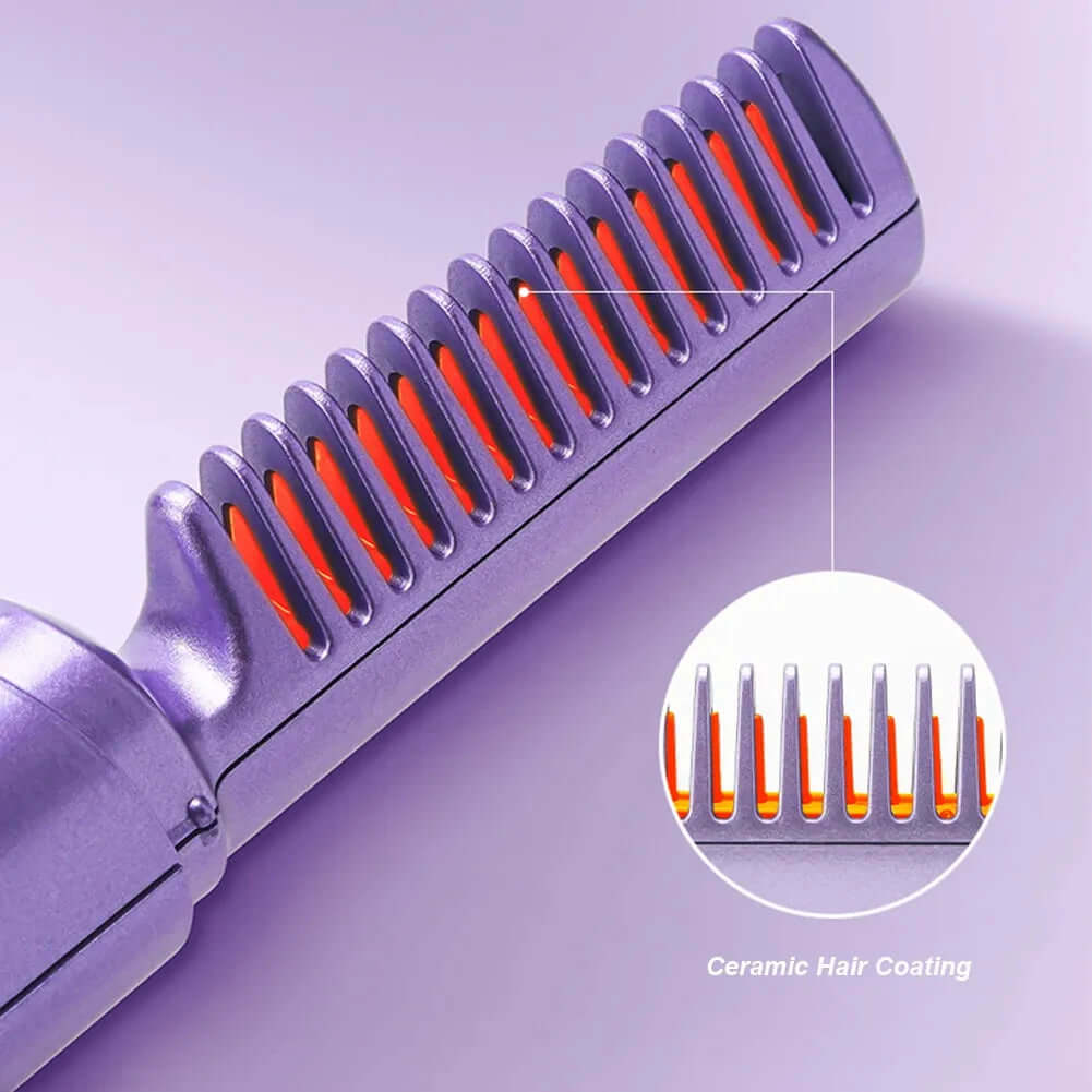 Purple cordless hair straightening brush with ceramic hair coating and wide teeth design
