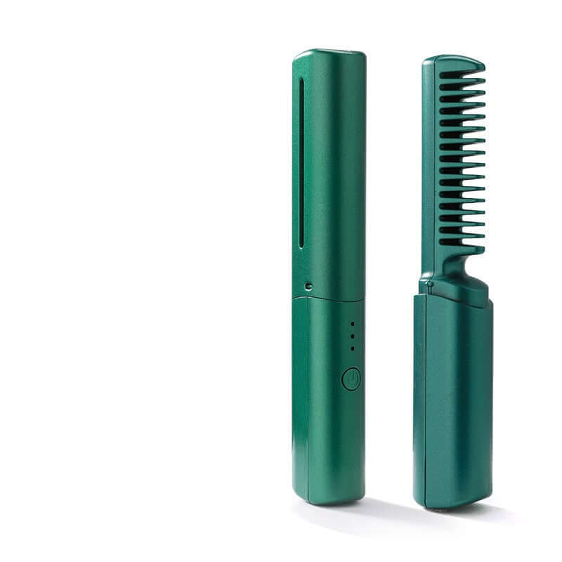 Green cordless hair straightening brush with foldable design and power button by Dropshipman