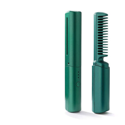 Green cordless hair straightening brush with foldable design and power button by Dropshipman