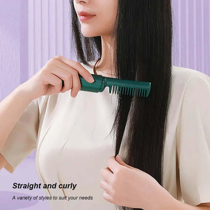 Woman using cordless hair straightening brush on long black hair for sleek styling