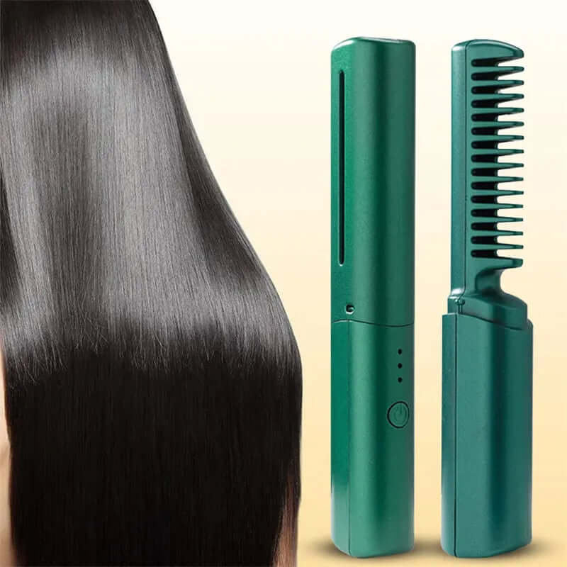 Dropshipman cordless hair straightening brush in green with sleek design and smooth straight hair